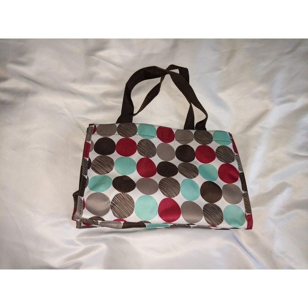 Thirty-One Small Tote Bag Polka Dot Red Teal Brown 12x8x5